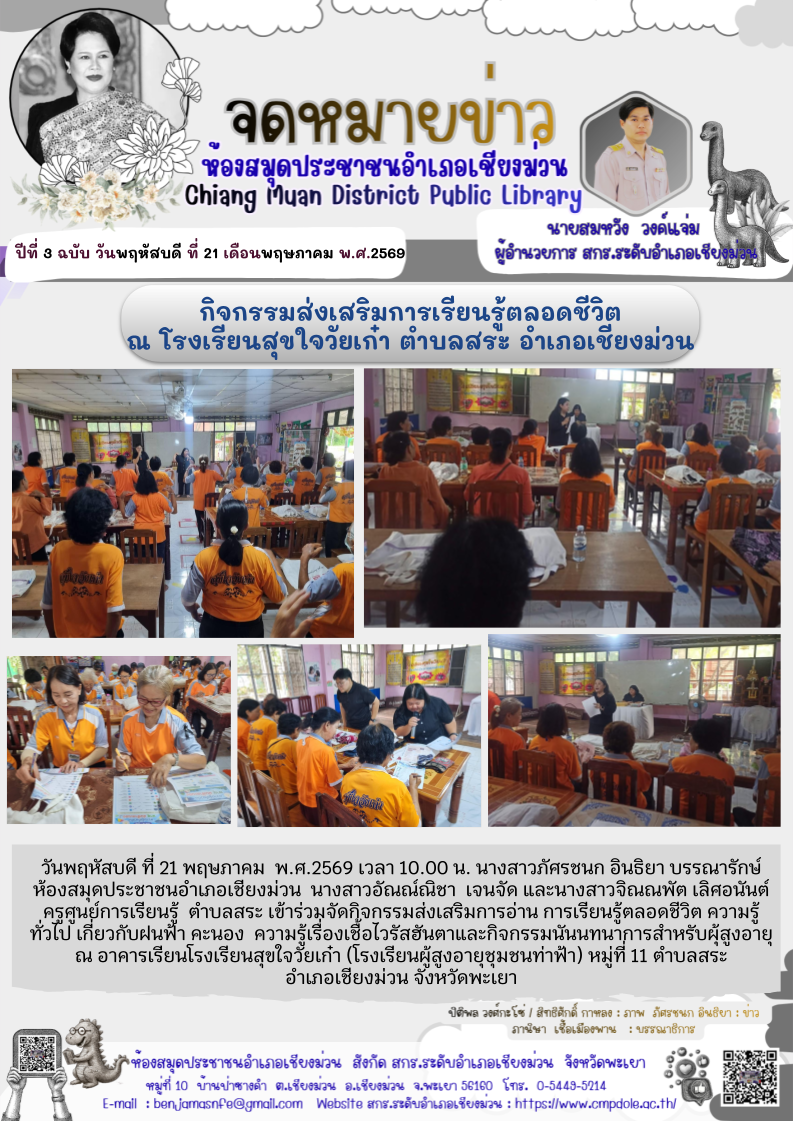 วันพฤหัสบดี ที่ 21 พฤษภาคม พ.ศ.2569 เวลา 10.00 น. นางสาวภัศรชนก อินธิยา บรรณารักษ์ห้องสมุดประชาชนอำเภอเชียงม่วน นางสาวอัณณ์ณิชา  เจนจัด และนางสาวจิณณพัต เลิศอนันต์ครูศูนย์การเรียนรู้ตำบลสระ เข้าร่วมจัดกิจกรรมส่งเสริมการอ่าน การเรียนรู้ตลอดชีวิต ความรู้ทั่