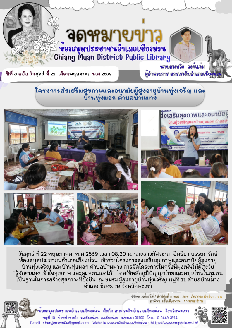 วันศุกร์ ที่ 22 พฤษภาคม พ.ศ.2569 เวลา 08.30 น. นางสาวภัศรชนก อินธิยา บรรณารักษ์ห้องสมุดประชาชนอำเภอเชียงม่วน  เข้าร่วมโครงการส่งเสริมสุขภาพและอนามัยผู้สูงอายุบ้านทุ่งเจริญ และบ้านทุ่งมอก ตำบลบ้านมาง การจัดโครงการในครั้งนี้มุ่งเน้นให้ผู้สูงวัย “รู้จักตนเอง