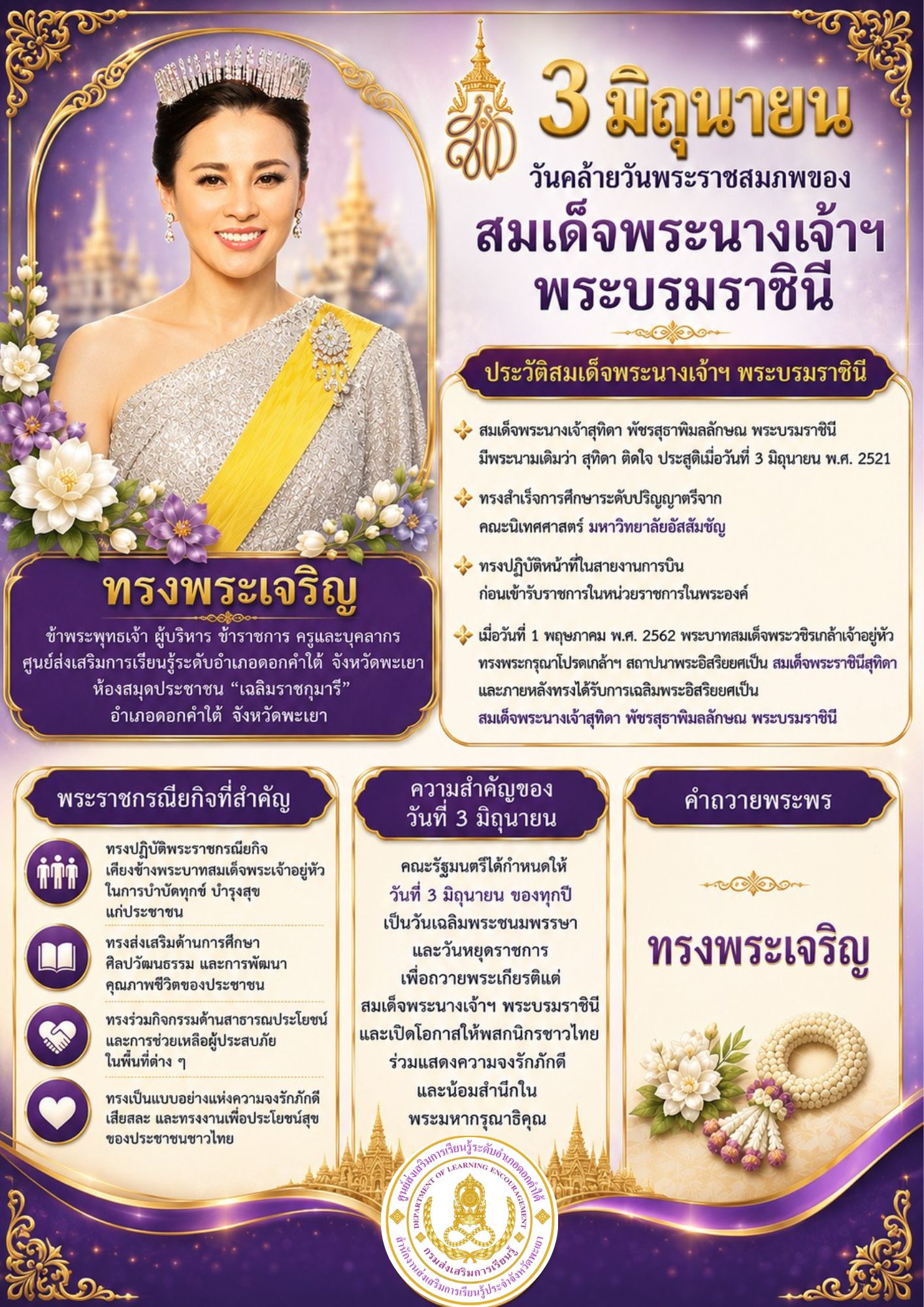 3 มิถุนายน วันเฉลิมพระชนมพรรษา สมเด็จพระนางเจ้าสุทิดา พัชรสุธาพิมลลักษณ พระบรมราชินี