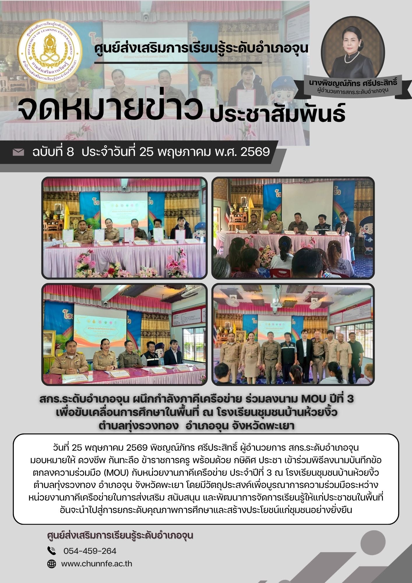 วันที่ 25 พฤษภาคม 2569 นางพิชญณ์ภัทร ศรีประสิทธิ์ ผู้อำนวยการ สกร.ระดับอำเภอจุนมอบหมายให้นายดวงชีพ กันทะลือ ข้าราชการครู พร้อมด้วย นายกษิดิศ ประชา ครูศูนย์การเรียนรู้ เข้าร่วมพิธีลงนามบันทึกข้อตกลงความร่วมมือ (MOU) กับหน่วยงานภาคีเครือข่าย ประจำปีที่ 3 ณ 
