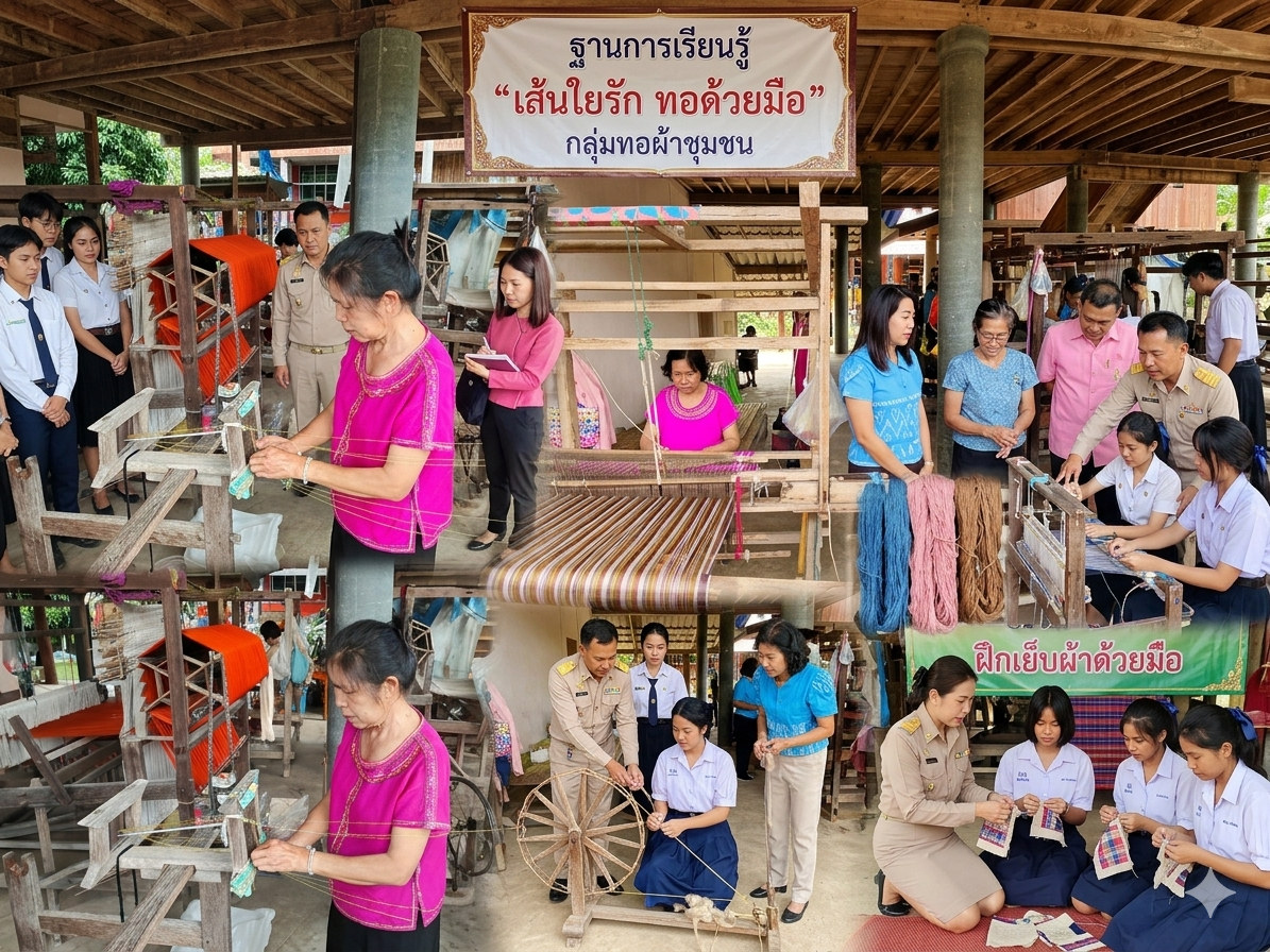 ศูนย์เรียนรู้ภูมิปัญญาทอผ้าชุมชนบ้านร่องปอ (กลุ่มผ้าทอมือ) ฐานการเรียนรู้ “เส้นใยรัก ทอด้วยมือ” ของศูนย์ส่งเสริมการเรียนรู้ระดับอำเภอภูกามยาว 