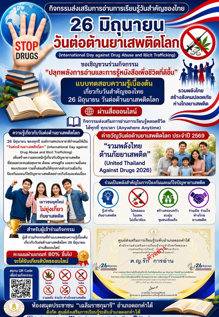 กิจกรรม“ปลุกพลังการอ่านและการรู้หนังสือเพื่อชีวิตที่ดีขึ้น” แบบทดสอบความรู้เบื้องต้นเกี่ยวกับวันสำคัญของไทย ๒๖ มิถุนายน วันต่อต้านยาเสพติดโลก ผ่านสื่อออนไลน์ กิจกรรมส่งเสริมการอ่านการเรียนรู้ตลอดชีวิต ได้ทุกที่ ทุกเวลา (Anywhere Anytime) 