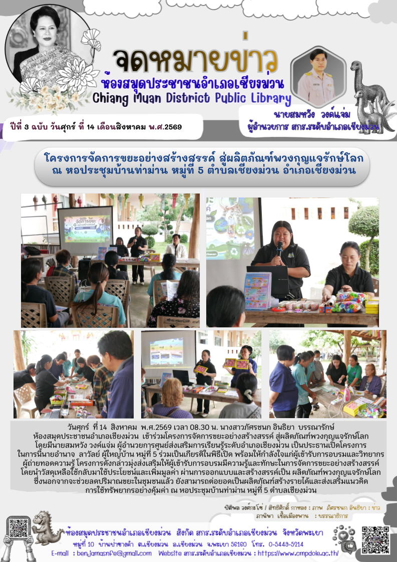 วันศุกร์ ที่ 14 สิงหาคม  พ.ศ.2569 เวลา 08.30 น. นางสาวภัศรชนก อินธิยา  บรรณารักษ์ห้องสมุดประชาชนอำเภอเชียงม่วน  เข้าร่วมโครงการจัดการขยะอย่างสร้างสรรค์ สู่ผลิตภัณฑ์พวงกุญแจรักษ์โลก โดยมีนายสมหวัง วงค์แจ่ม ผู้อำนวยการศูนย์ส่งเสริมการเรียนรู้ระดับอำเภอเชียง