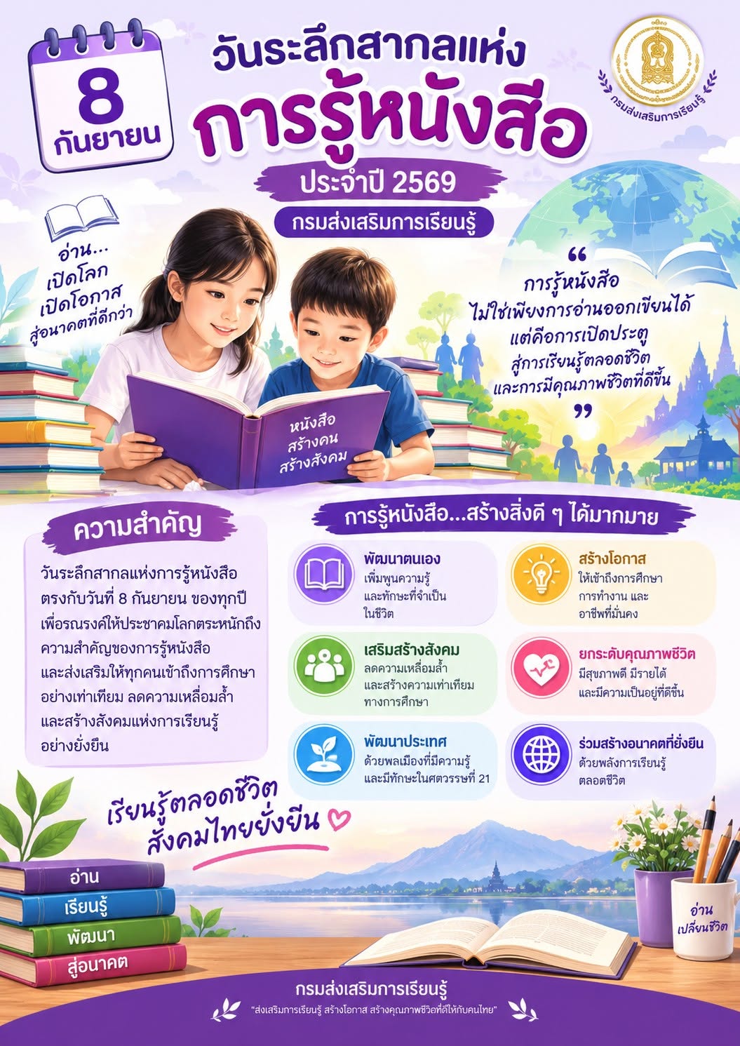 วันที่ระลึกสากลแห่งการรู้หนังสือ ประจำปี 2569 “การรู้หนังสือ” ไม่ได้จำกัดเพียงการอ่านออกเขียนได้ แต่เป็นรากฐานสำคัญของการสร้างโอกาส ลดความเหลื่อมล้ำ และเสริมภูมิคุ้มกันในการดำเนินชีวิต เพื่อให้ประชาชนทุกกลุ่มและทุกช่วงวัยเข้าถึงการเรียนรู้ตลอดชีวิตที่มีคุ
