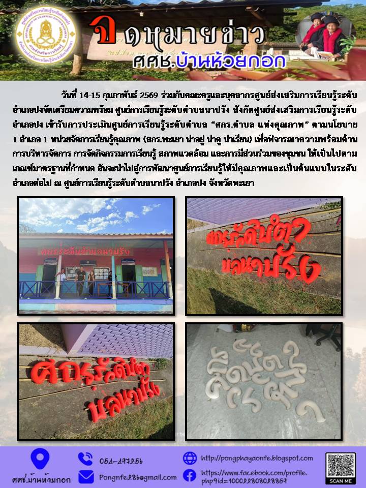 -	วันที่ 14-15 กุมภาพันธ์ 2569 ร่วมกับคณะครูและบุคลากรศูนย์ส่งเสริมการเรียนรู้ระดับอำเภอปงจัดเตรียมความพร้อม ศูนย์การเรียนรู้ระดับตำบลนาปรัง สังกัดศูนย์ส่งเสริมการเรียนรู้ระดับอำเภอปง เข้ารับการประเมินศูนย์การเรียนรู้ระดับตำบล “ศกร.ตำบล แห่งคุณภาพ” ให้เป็