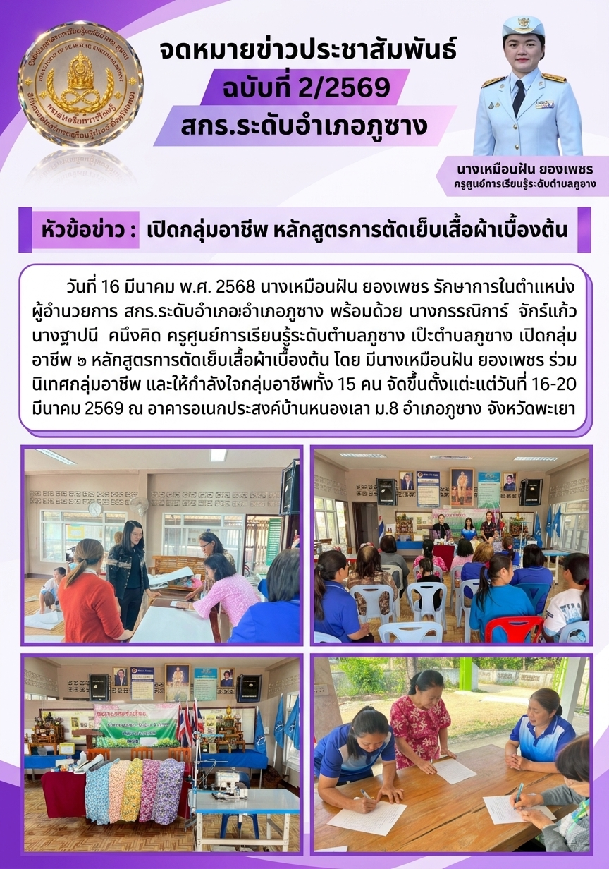 ศกร.ระดับตำบลภูซางเปิดกลุ่มอาชีพ หลักสูตรการตัดเย็บเสื้อผ้าเบื้องต้น โดย มีนางเหมือนฝัน ยองเพชร ร่วม นิเทศกลุ่มอาชีพ และให้กำลังใจกลุ่มอาชีพทั้ง15คน